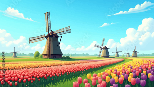Dutch Windmills and Tulips: Vibrant tulips in a colorful field stretch towards a row of traditional Dutch windmills under a bright sunny sky.