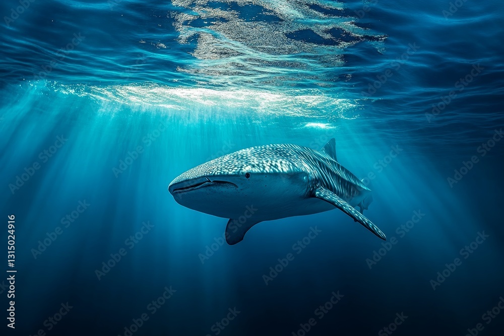 Naklejka premium Serene Whale Shark Gliding Through Blue Ocean Water