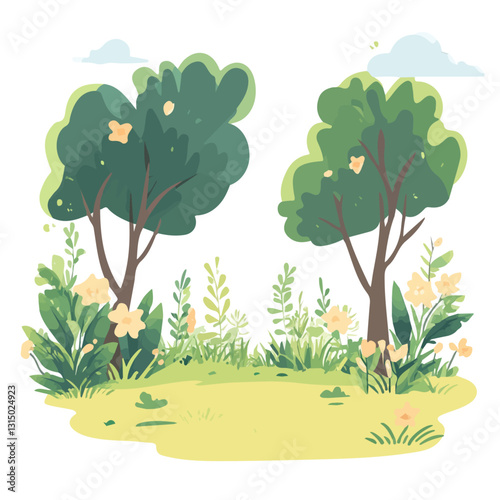 2D flat vector illustration spring in a forest glade icon isolated on a white background.

