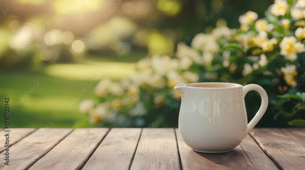 A serene setting featuring a white pitcher on a wooden table, surrounded by blooming flowers and soft sunlight, creating a peaceful atmosphere. A serene setting featuring a white pitcher on a wooden table, surrounded by blooming flowers and soft sunlight, creating a peaceful atmosphere.