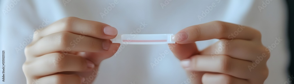 Close-up image of hands holding a pregnancy test strip Close-up image of hands holding a pregnancy test strip