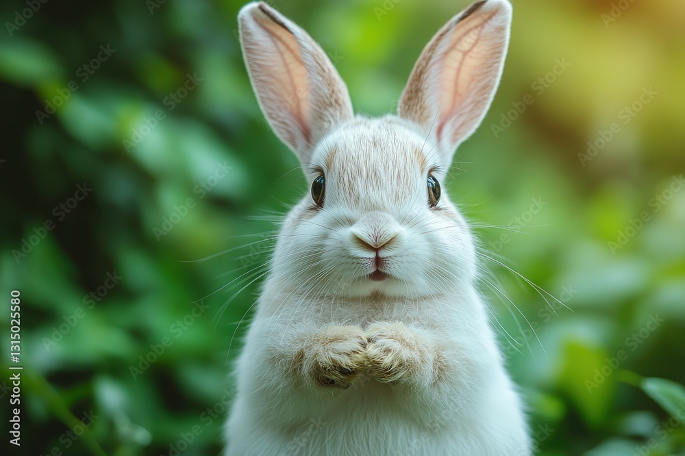Fototapeta premium Cute white rabbit with big ears sits calmly in a lush green garden during daylight