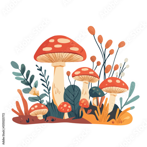 2D flat vector illustration spring mushrooms growing in the forest icon isolated on a white background.

