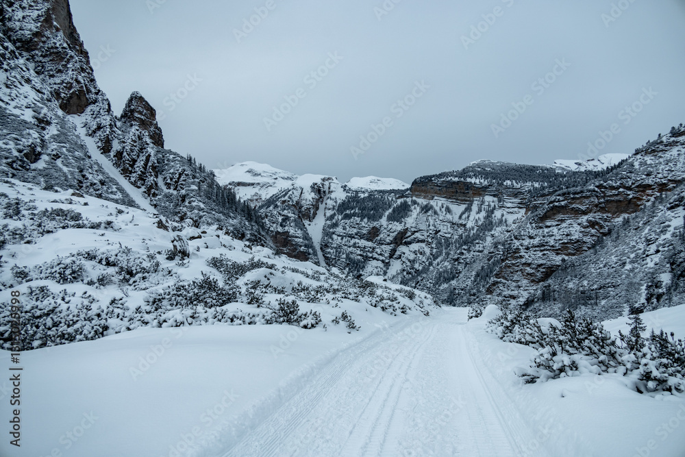 Ein Spaziergang durch den Tiefschnee in der Südtiroler Region am Berggasthaus Pederü - Südtirol - Italien