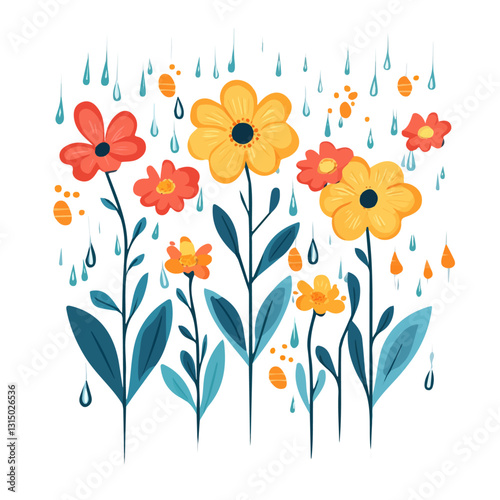 2D flat vector illustration spring rain washing over flowers icon isolated on a white background.

