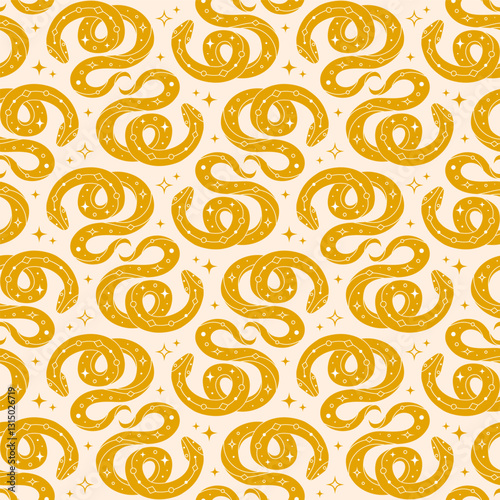 Seamless pattern with yellow snake on pastel background. Perfect for fabric design, packaging, wrapping paper. Vector Illustration in flat style
