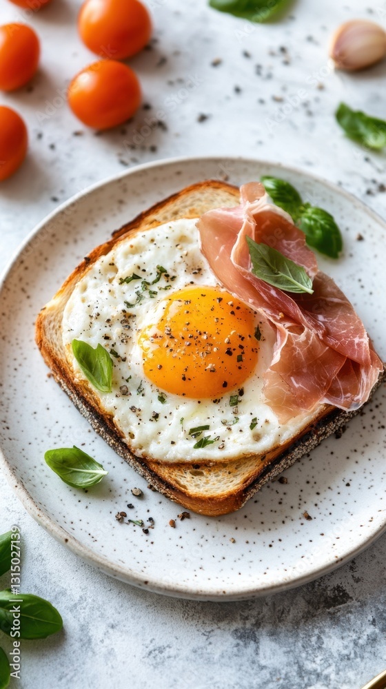 Sunny Side Up Egg on Toast with Prosciutto and Basil Leaves a Delicious Breakfast or Brunch Meal on Speckled Plate Sunny Side Up Egg on Toast with Prosciutto and Basil Leaves a Delicious Breakfast or Brunch Meal on Speckled Plate