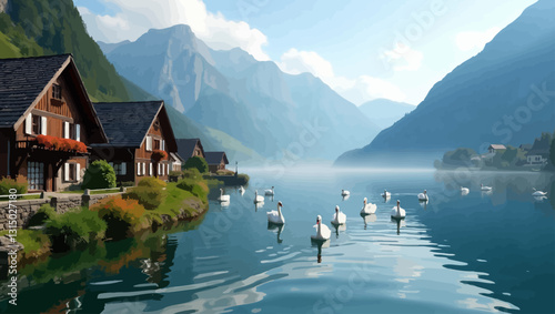 Serene Lakeside Village: A picturesque village nestled along the tranquil shores of a clear lake, embraced by majestic mountains, with graceful swans gliding gently in the water.