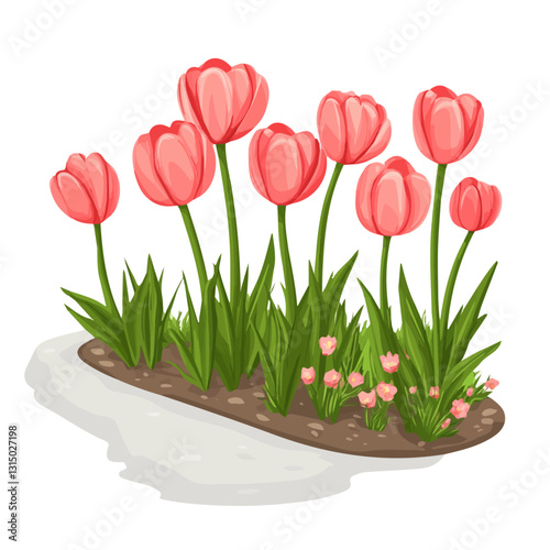 2D flat vector illustration spring tulips in full bloom along a path icon isolated on a white background.


