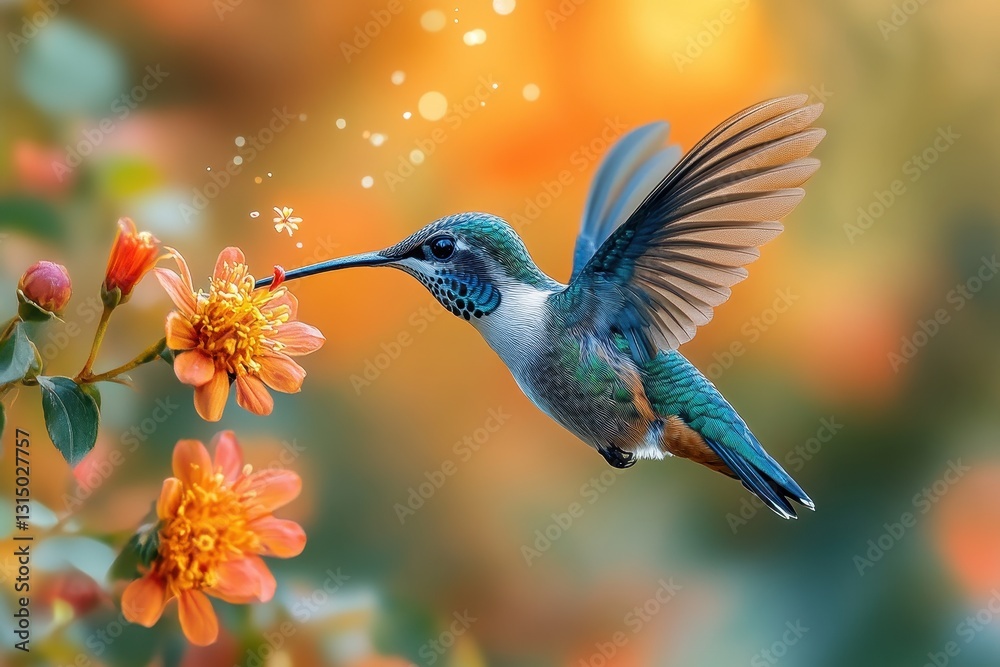 Fototapeta premium Hummingbird feeding on vibrant orange flowers in a sunny garden during springtime
