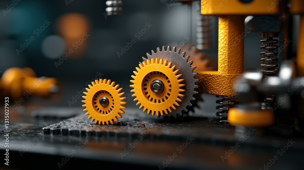 Fototapeta premium Close-Up of Two Interlocking Yellow Gears on Industrial Machine Background with Shining Metallic Surface