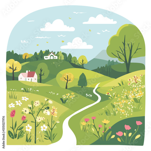 2D flat vector illustration springtime countryside view icon isolated on a white background.

