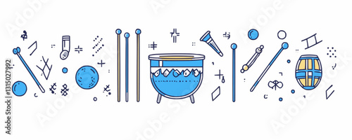 Flat linear drums and percussion icons set - two drumsticks, kettle drum, tambourine, blue theme.