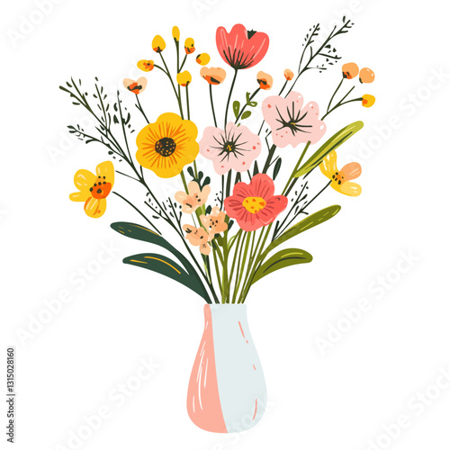 2D flat vector illustration springtime flowers in a vase icon isolated on a white background.

