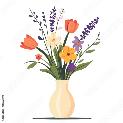2D flat vector illustration springtime flowers in a vase icon isolated on a white background.

