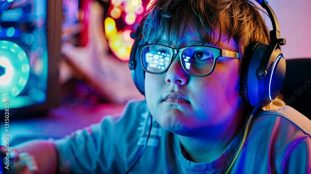 A obese young boy wearing glasses and headphones and playing a video game addiction social problems 4K