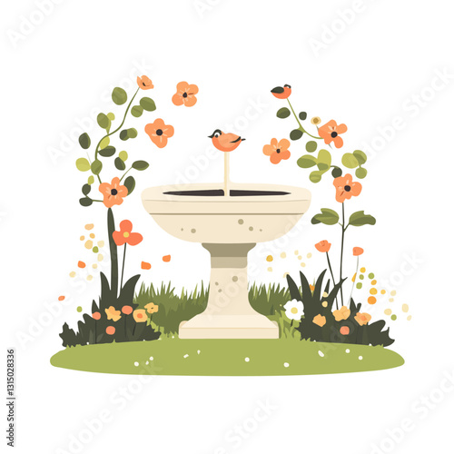 2D flat vector illustration springtime garden with a birdbath icon isolated on a white background.

