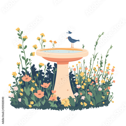 2D flat vector illustration springtime garden with a birdbath icon isolated on a white background.

