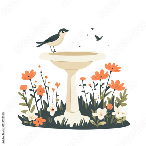 2D flat vector illustration springtime garden with a birdbath icon isolated on a white background.

