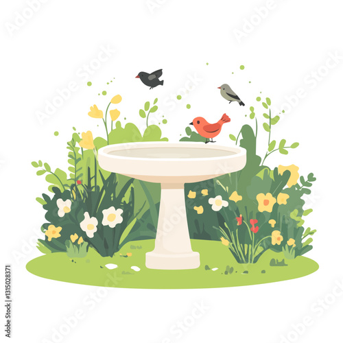 2D flat vector illustration springtime garden with a birdbath icon isolated on a white background.

