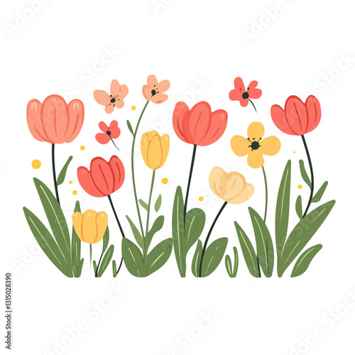 2D flat vector illustration springtime garden with tulips icon isolated on a white background.


