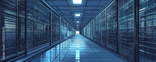 Flat linear icons set of modern data center with server racks in stylish vector design.