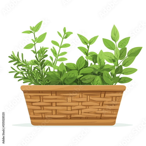 2D flat vector illustration springtime herbs in a basket icon isolated on a white background.

