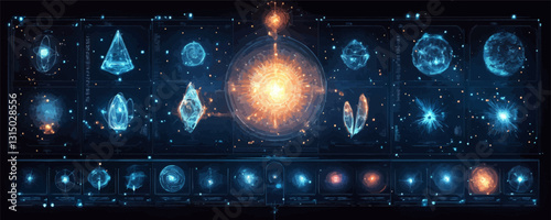 Flat icons set of geometric shapes and cosmic elements in linear style.