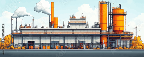 Industrial factory vector flat icons set featuring architectural structures and equipment.