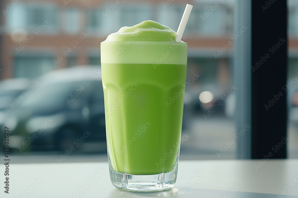 Refreshing green drink served in tall glass at a modern cafe setting Refreshing green drink served in tall glass at a modern cafe setting