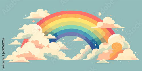 Flat vector icons set: colorful rainbow with clouds and stars in a dreamy sky.