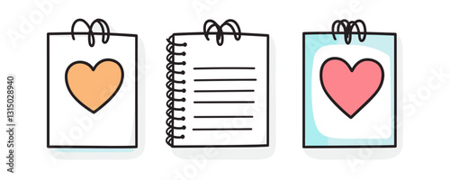 Flat linear icons set: heart-themed notebooks and sketchpads - vector style.