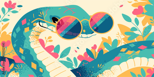 Colorful flat vector snake with sunglasses and floral elements - icons set.