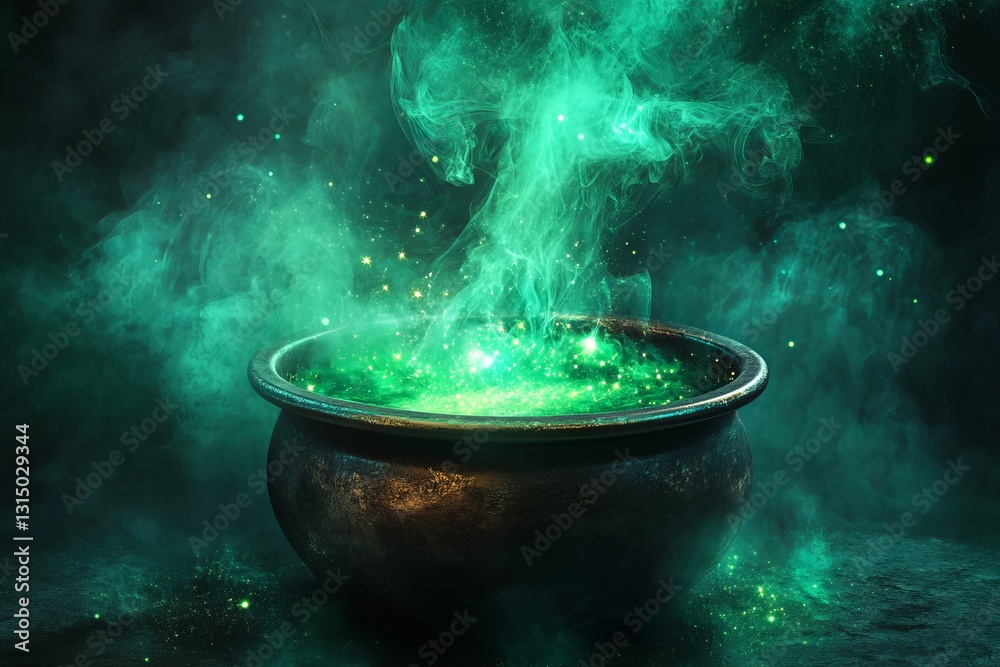 A large, green cauldron is filled with a glowing, green smoke. The smoke is swirling and dancing around the edges of the cauldron, creating a mesmerizing and ethereal effect A large, green cauldron is filled with a glowing, green smoke. The smoke is swirling and dancing around the edges of the cauldron, creating a mesmerizing and ethereal effect