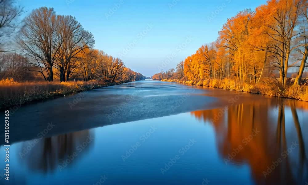 Serene autumn river landscape with golden trees reflecting on calm water under a clear blue sky Serene autumn river landscape with golden trees reflecting on calm water under a clear blue sky