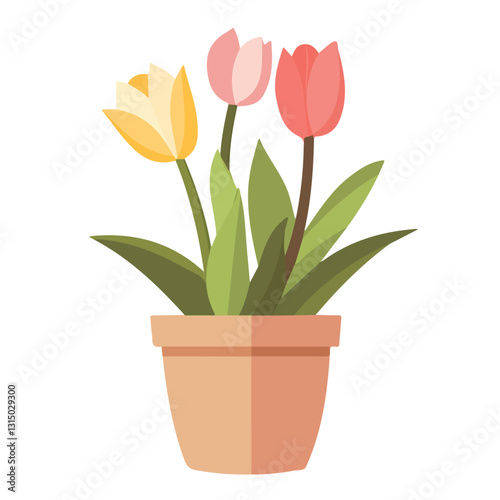 2D flat vector illustration springtime tulips in a flowerpot icon isolated on a white background.

