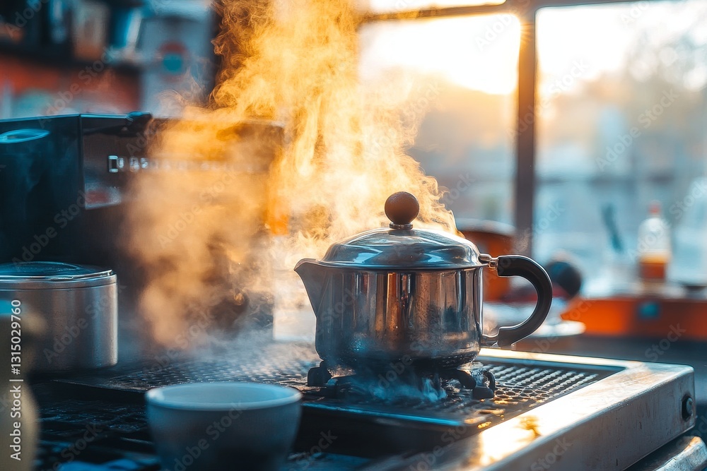 Steam Rising from Silver Tea Pot in Cozy Kitchen at Sunset Steam Rising from Silver Tea Pot in Cozy Kitchen at Sunset