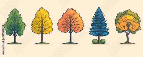 Flat vector icons set of various trees with different leaf colors and shapes.