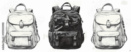 Flat backpack icons set: linear vector style in monochrome design.