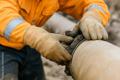 Close-up of an oil worker’s gloved hands tightening a large valve on an oil pipeline.