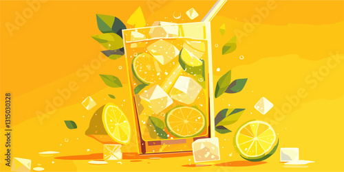 Refreshing flat style lemonade vector icons set with citrus and ice cubes.