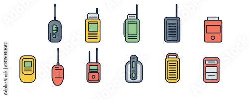 Flat communication icons set - colorful walkie talkie and radio vector icons.