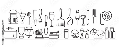 Flat line kitchen utensils and glassware icons set.