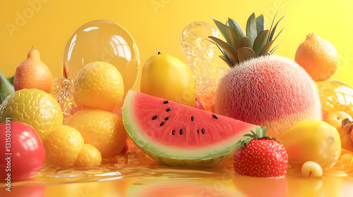 mix of 3D fruits with unexpected textures, such as a fuzzy watermelon and a glassy mango 