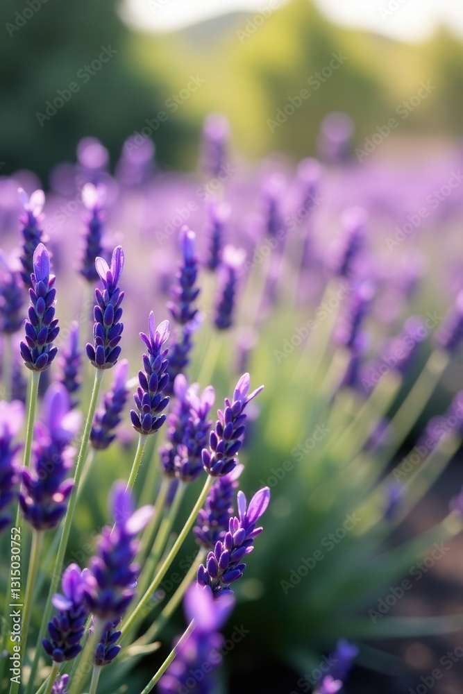 Naklejka premium A Field of Purple Lavender Blossoms Basking in the Warm Golden Light of the Setting Sun, Delicate Petals Unfolding in Nature's Gentle Embrace