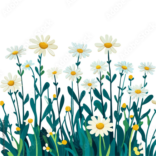 2D flat vector illustration vibrant daisy fields in spring icon isolated on a white background.

