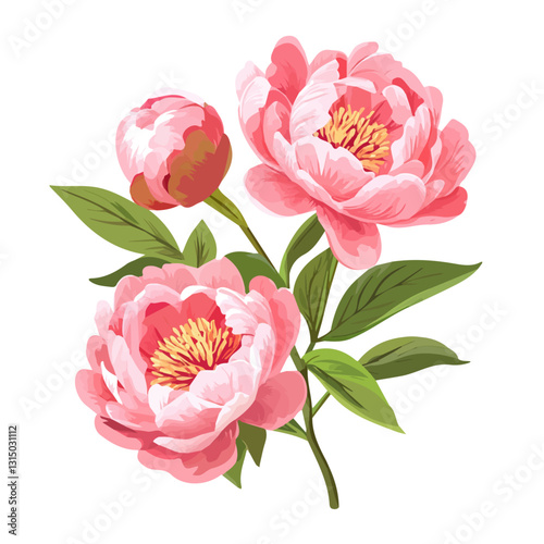 2D flat vector illustration vibrant pink peonies blooming in spring icon isolated on a white background.

