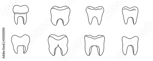 Flat linear dental icons set featuring various tooth types for medical and health applications.