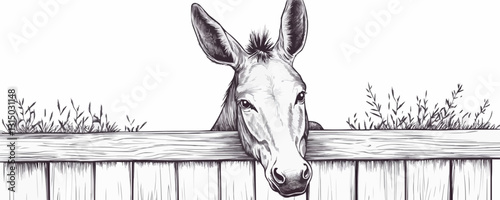 Flat linear donkey behind wooden fence vector icon set.