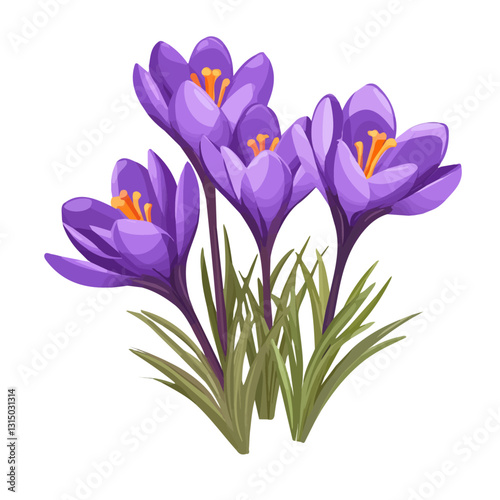 2D flat vector illustration vibrant purple crocus flowers icon isolated on a white background.

